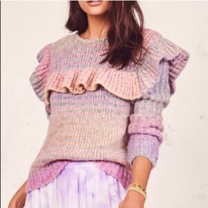 NWT $425 LoveShackFancy Yumi Ruffled Rainbow Ombre Alpaca Wool Sweater Size S